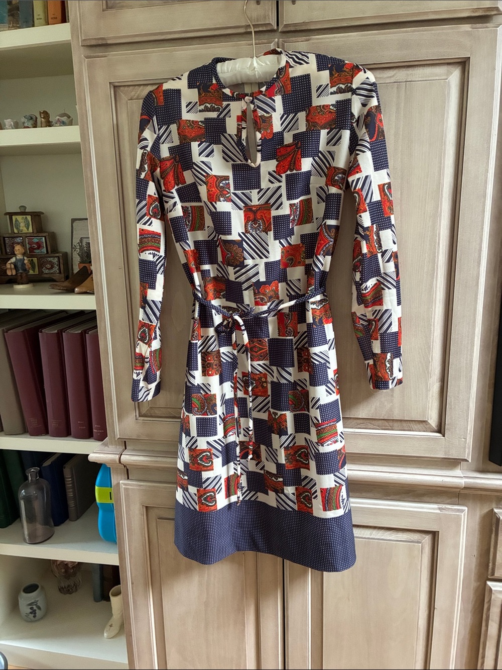 Gay Gibson Printed Long-Sleeve Belted Dress in Navy, Red & White